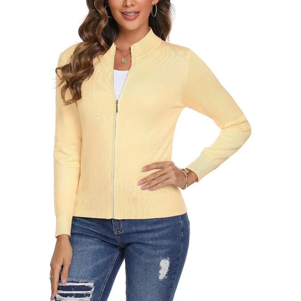 Womens Knit Zip Up Sweater Cardigan Lightweight Casual Long Sleeve